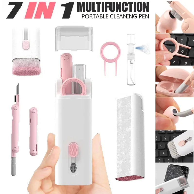 White multifunctional electronic cleaning kit with foldable pen, retractable brush, keycap puller, and spray bottle.