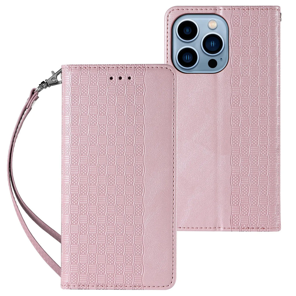 Black embossed leather pattern flip case for iPhone shown open, next to brown and blue colour options.