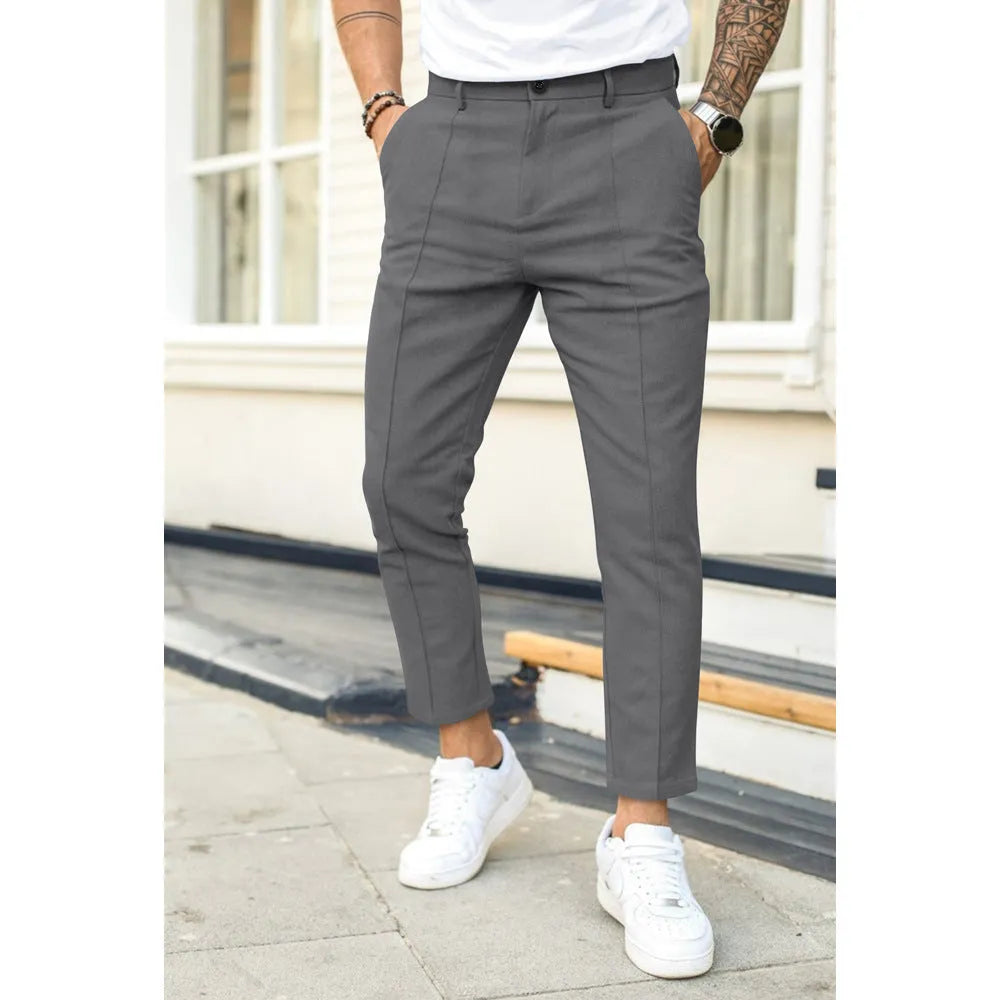 Men's double fold line solid colour casual skinny fit suit pants in black, cotton-polyester blend