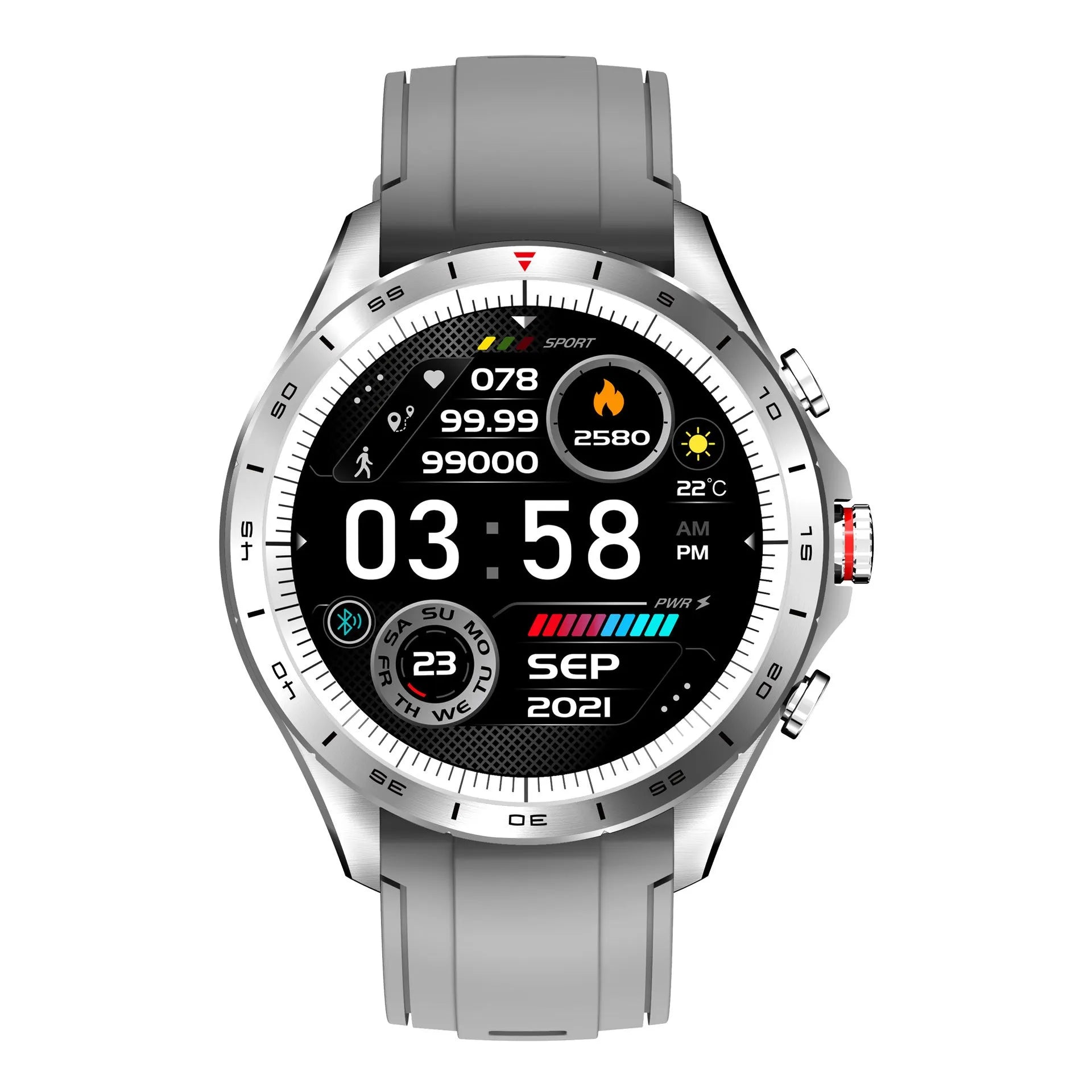 Men's black smart bracelet watch with zinc alloy screen and silicone wristband on a wrist.