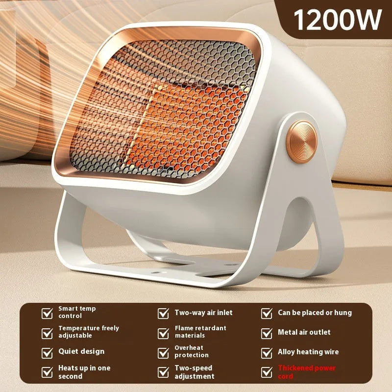 Compact white desktop ceramic heater with control buttons and air vent