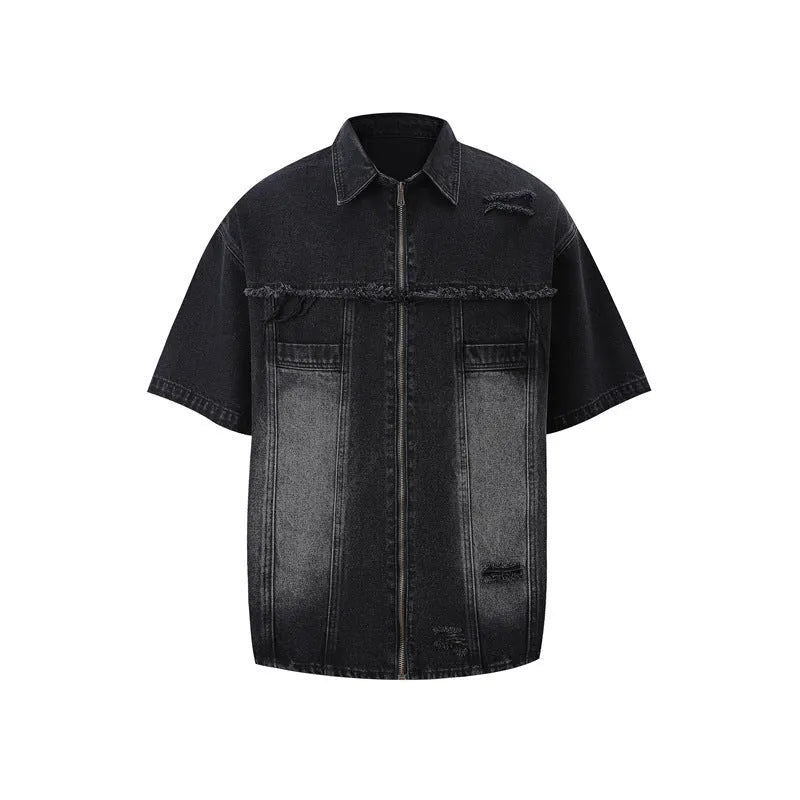 Denim loose-fit overall suit co-ord set with short sleeve top and trousers in street style.