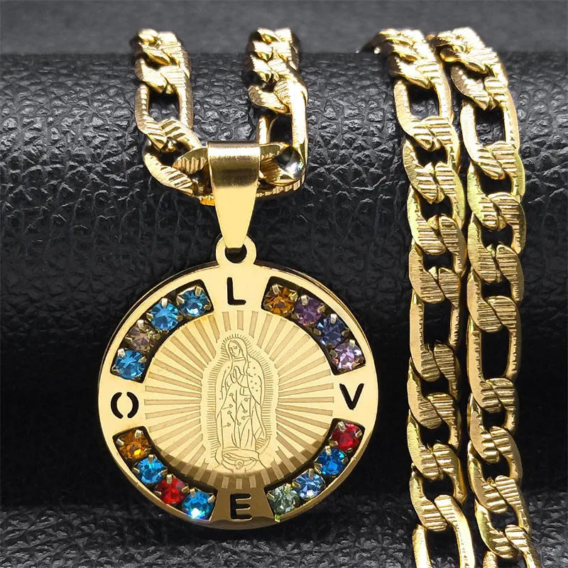 Geometric crystal necklace in titanium steel with electroplated gold or steel colour finish