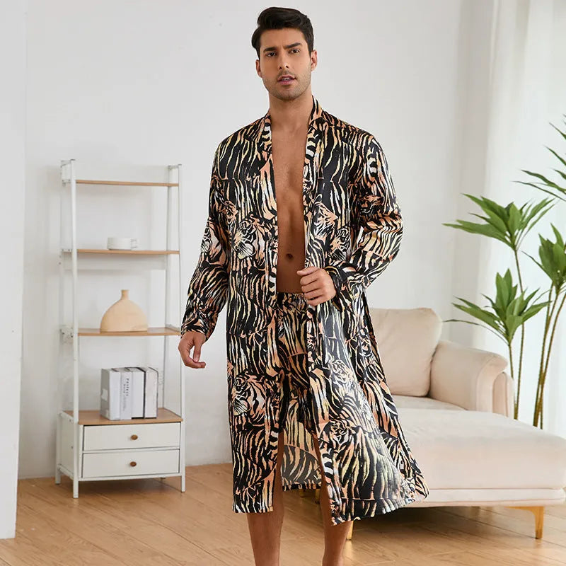 Men's tiger print bathrobe and matching shorts set in ultra-thin fabric