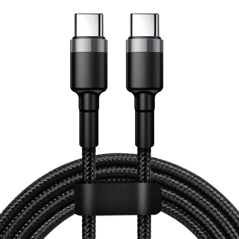 6A double USB Type-C cable 120W fast charge woven braided silver 1m length on white background