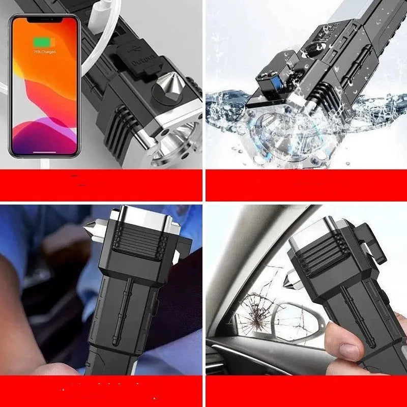 Silver portable power bank LED flashlight with USB charging port shown.
