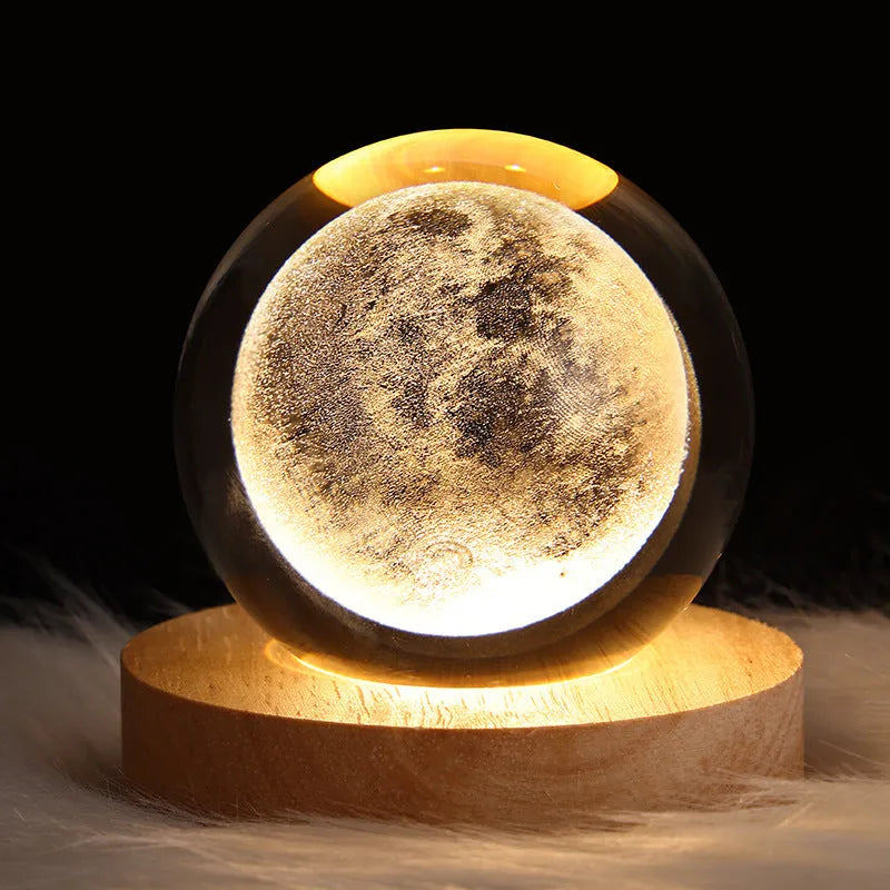 6cm crystal ball LED night light showing a 3D galaxy planet design, powered by a USB cable.