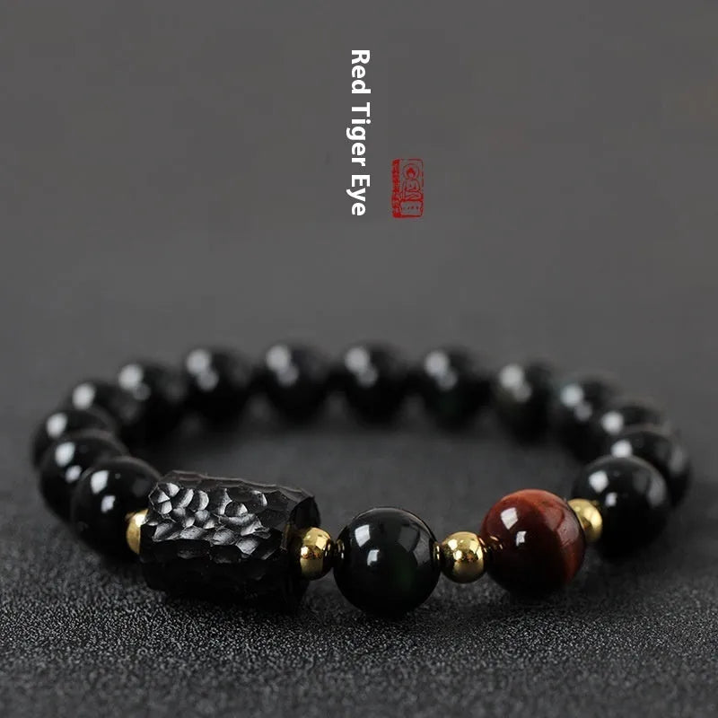 Obsidian bracelet with 10mm tiger eye beads in retro circle style for unisex couple jewellery