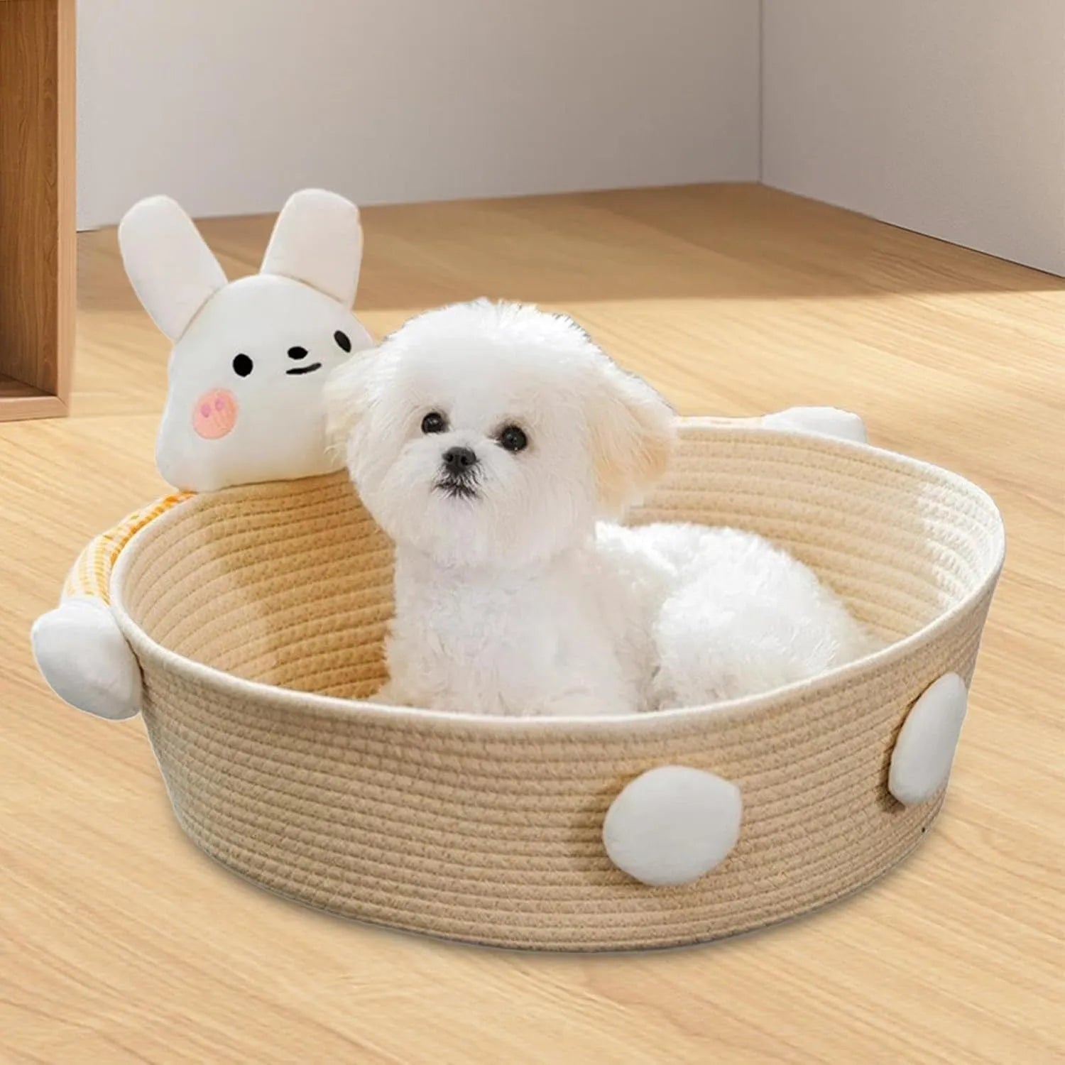 Woven cotton rope cat bed basket with integrated scratching pad in rabbit design