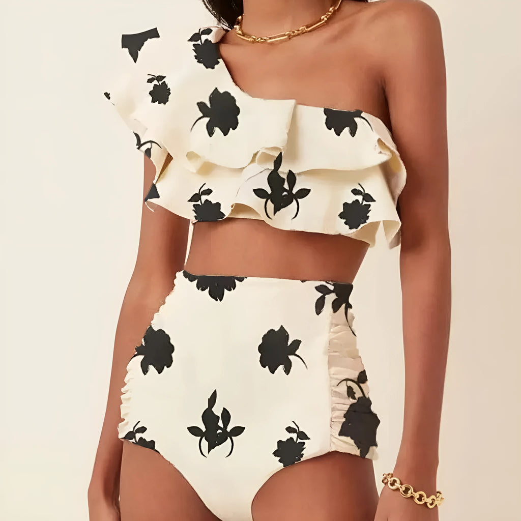 Women's printed high waist bikini set with oblique shoulder ruffles in striped or floral pattern