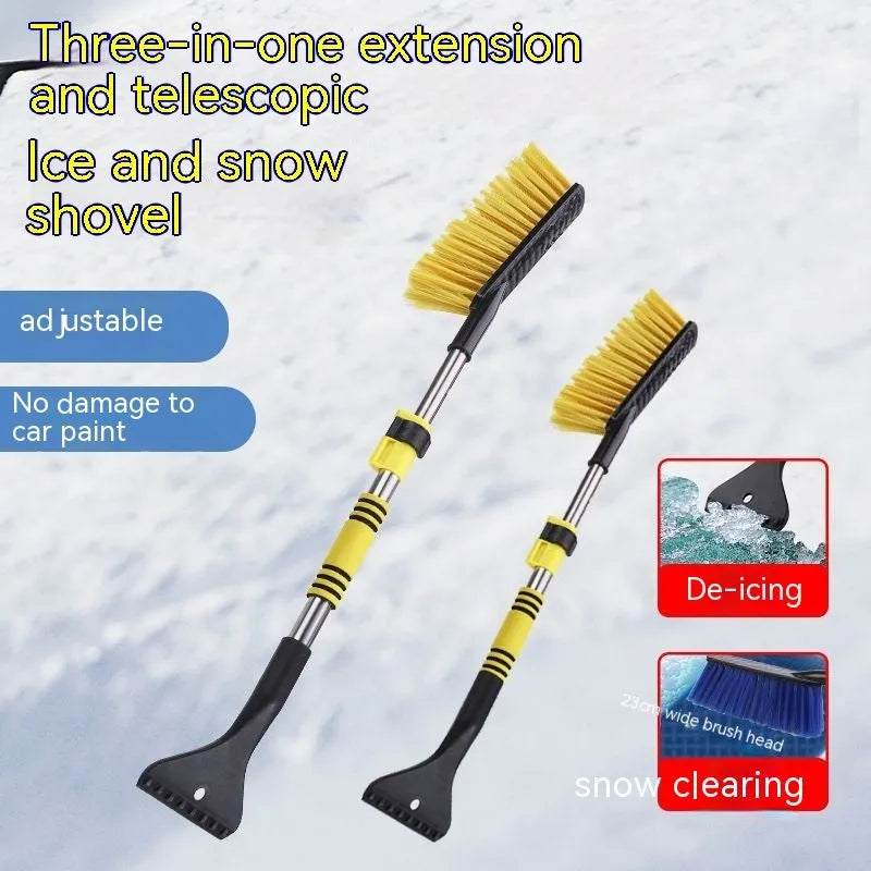 Blue telescopic car snow brush and ice scraper with a wide snow plough blade for winter car cleaning