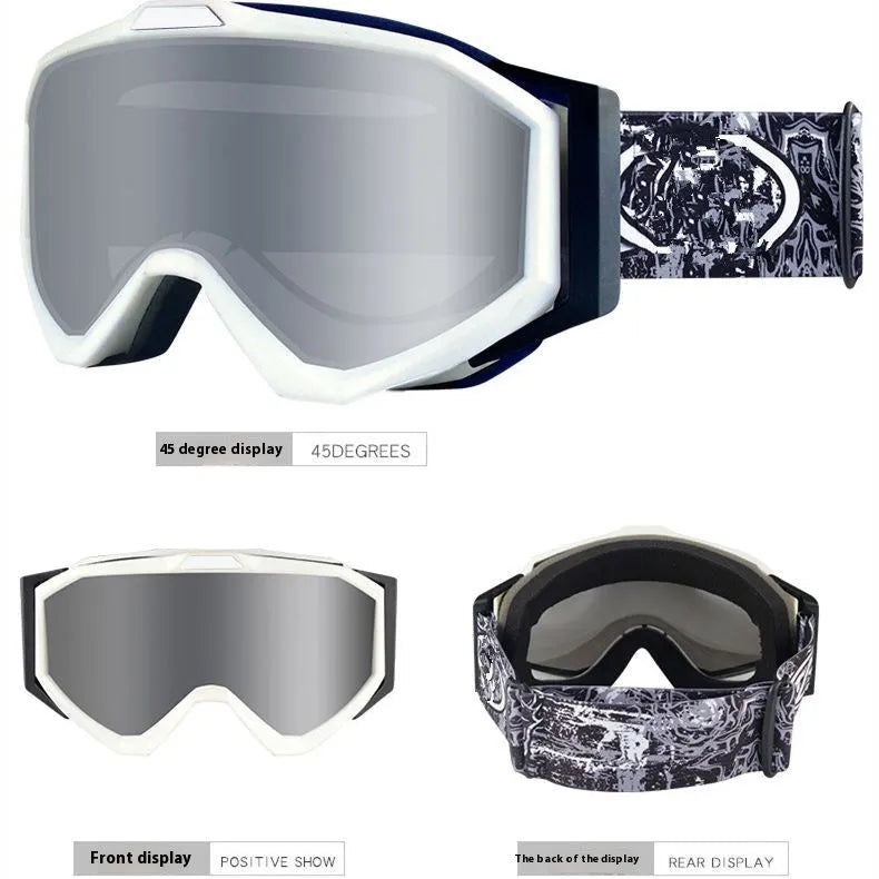 Motorcycle goggles with TPU frame and double-layer lens in assorted colours on a storage cloth bag.