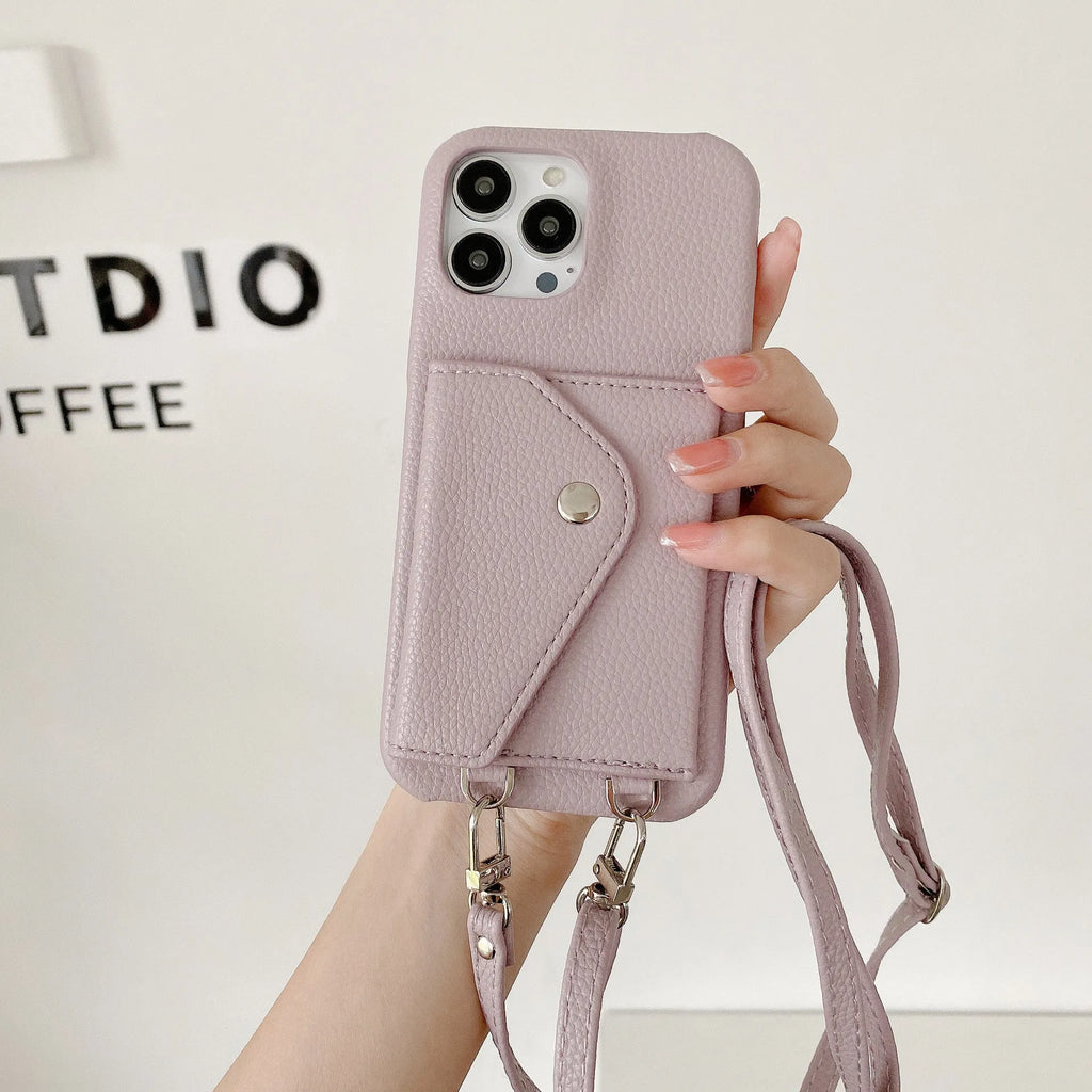 White PC leather card holder crossbody phone case with lychee pattern, triangle veil card slot, and lanyard for iPhone