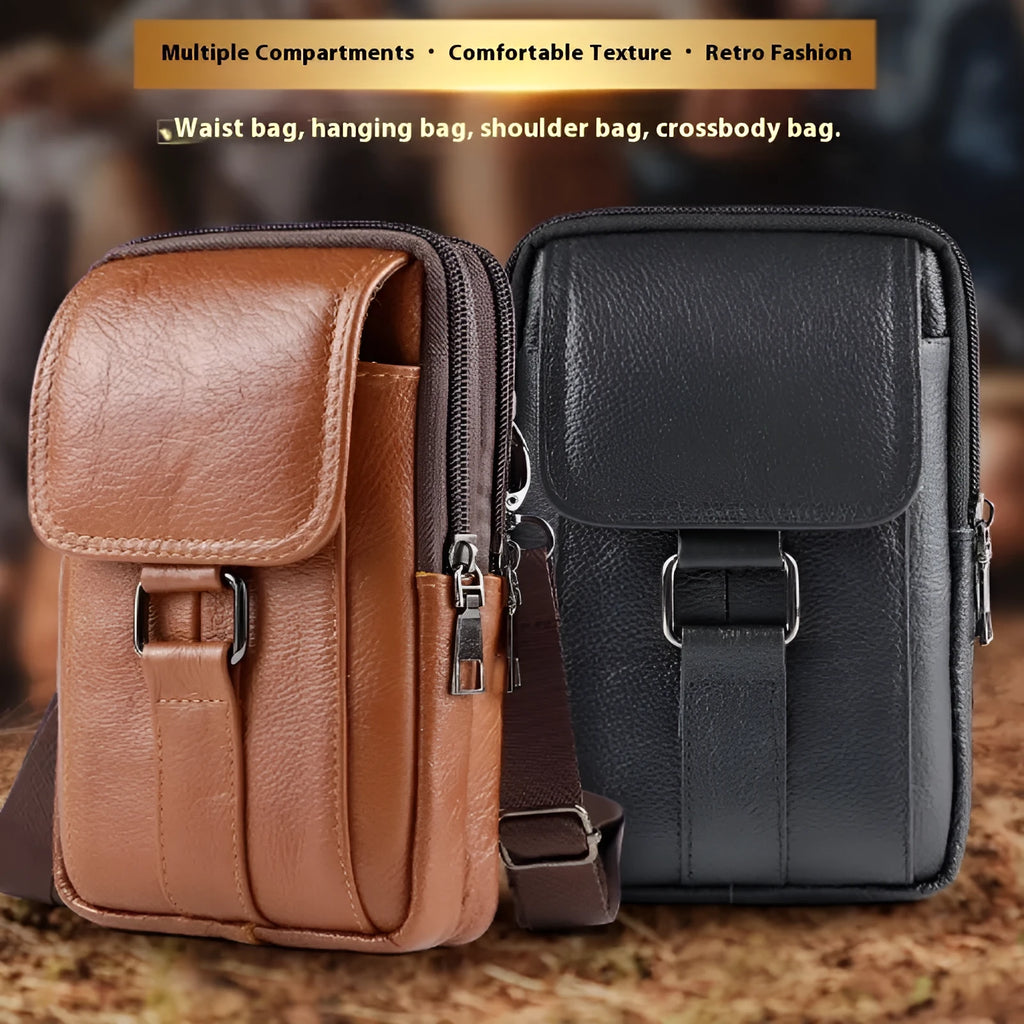 Men's leather multi-functional belt crossbody waist bag with lock fastening and coin pocket