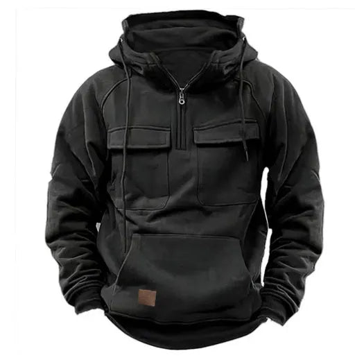 Men's drawstring hoodie sweatshirt in thick polyester with front pocket, available in black