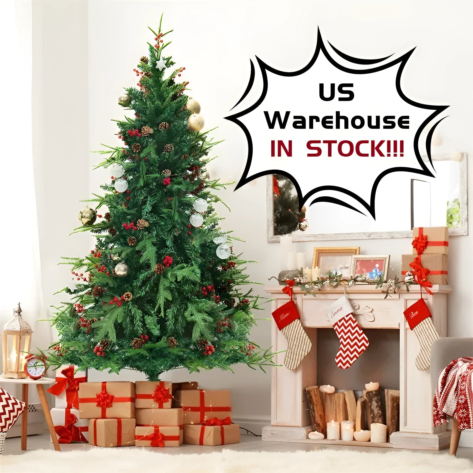 Green and white PVC artificial snow Christmas tree with metal stand in 150cm, 180cm, and 230cm sizes.