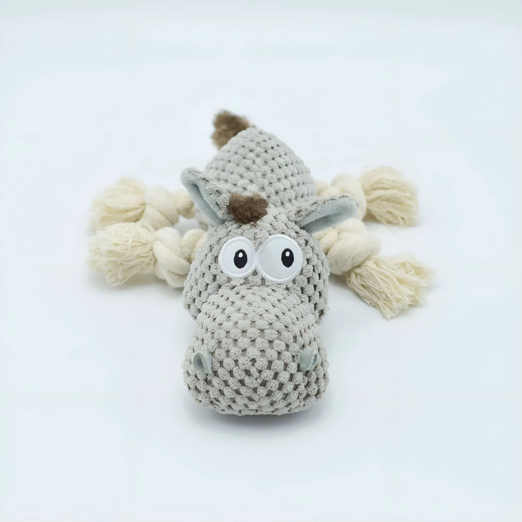 Gray donkey plush dog toy with creak sound, measuring 27 cm long