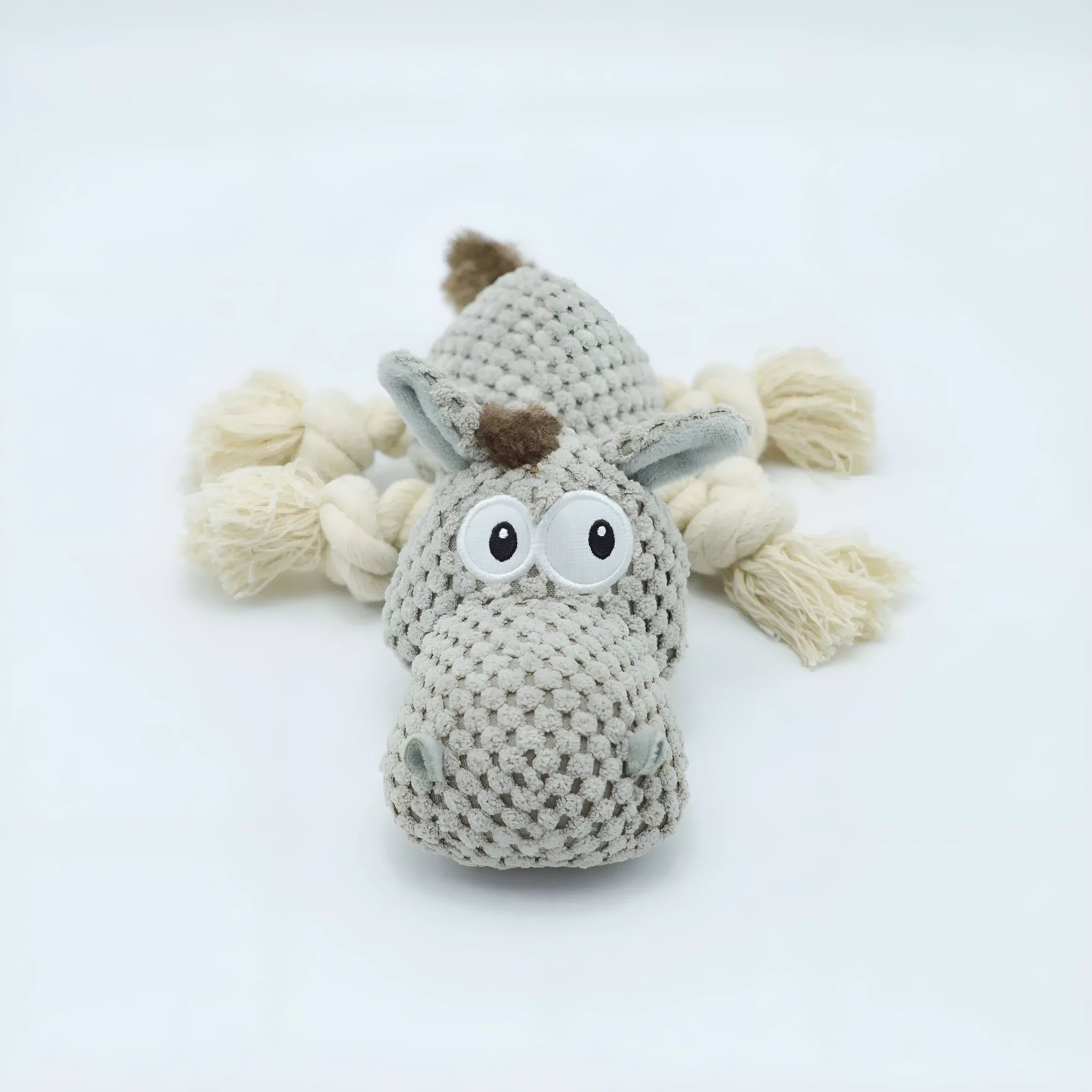 Gray donkey plush dog toy with creak sound, measuring 27 cm long