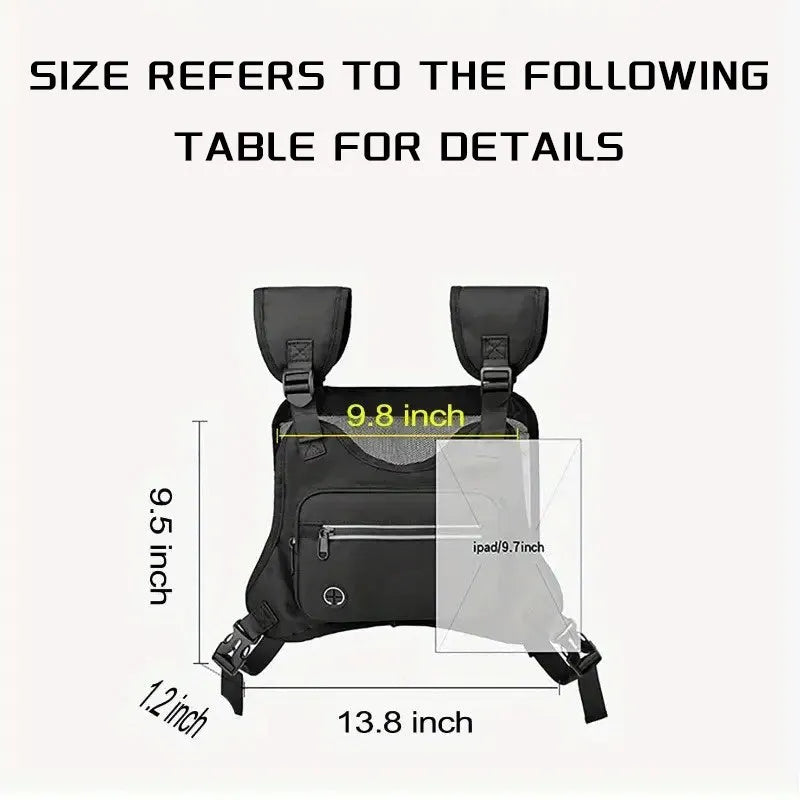 Black outdoor sports chest bag with adjustable straps and reflective mesh pocket for running and cycling