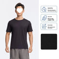 Men's thin polyester running T-shirt in classic black, shown on a size chart.