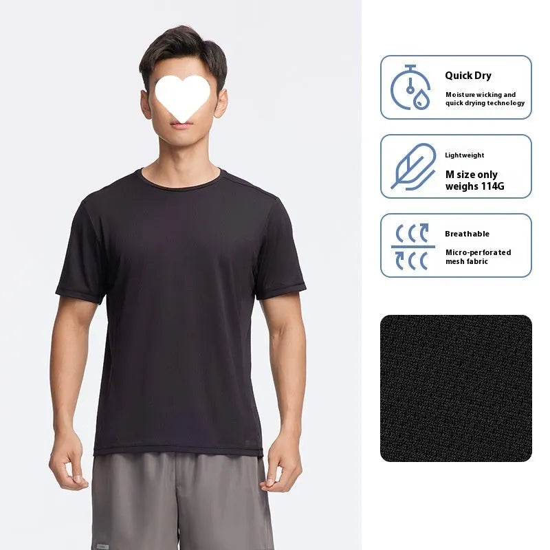 Men's thin polyester running T-shirt in classic black, shown on a size chart.