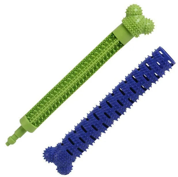 Blue and green silicone dog dental toy with brush head texture, nodules, and an integrated rope for chewing and play.