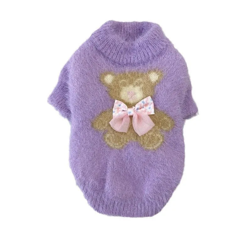 New winter dog cat bow tie bear sweater in wool, pet clothing in purple, pink, green-blue, white