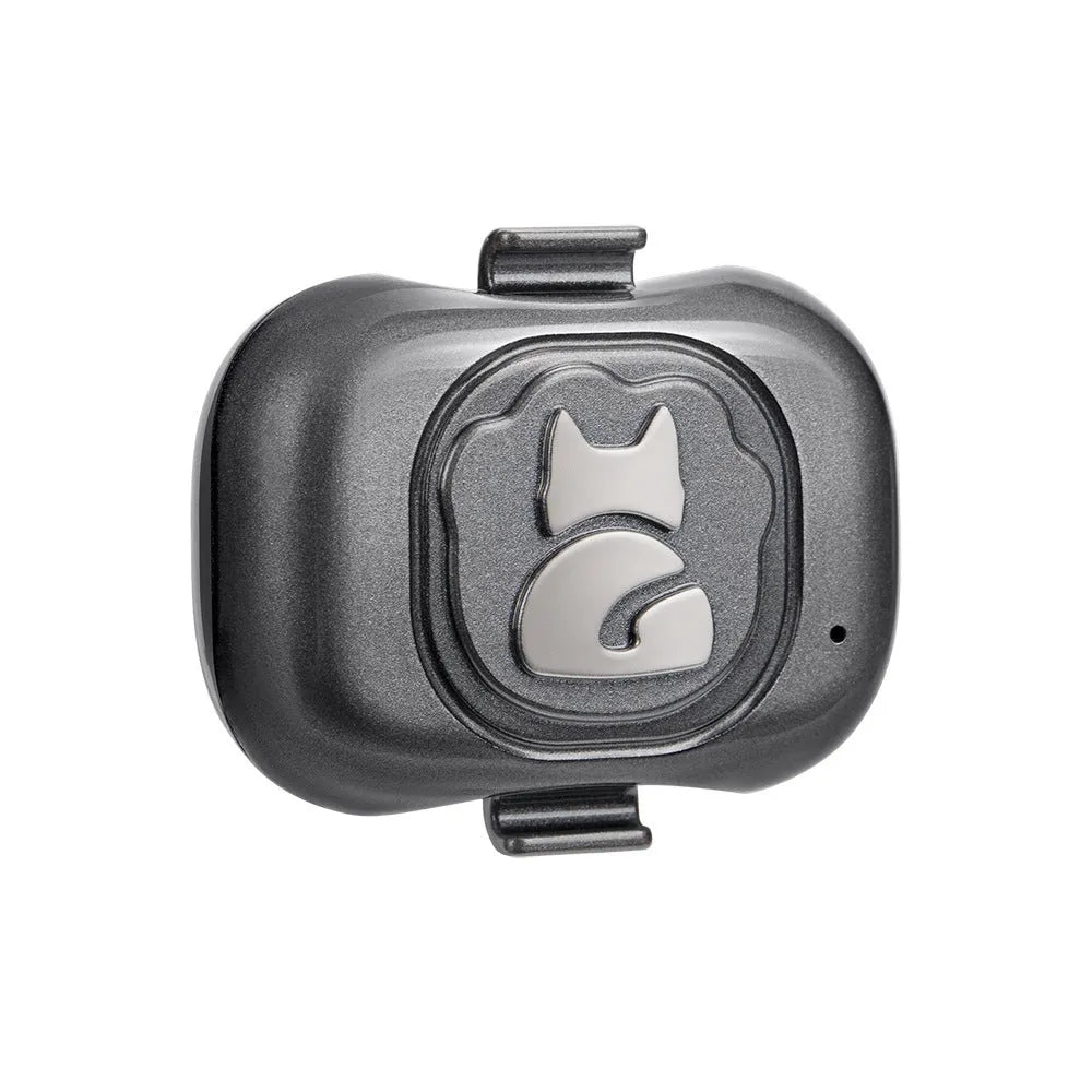 Black pet GPS locator device with hanging rope for dog or cat collar attachment