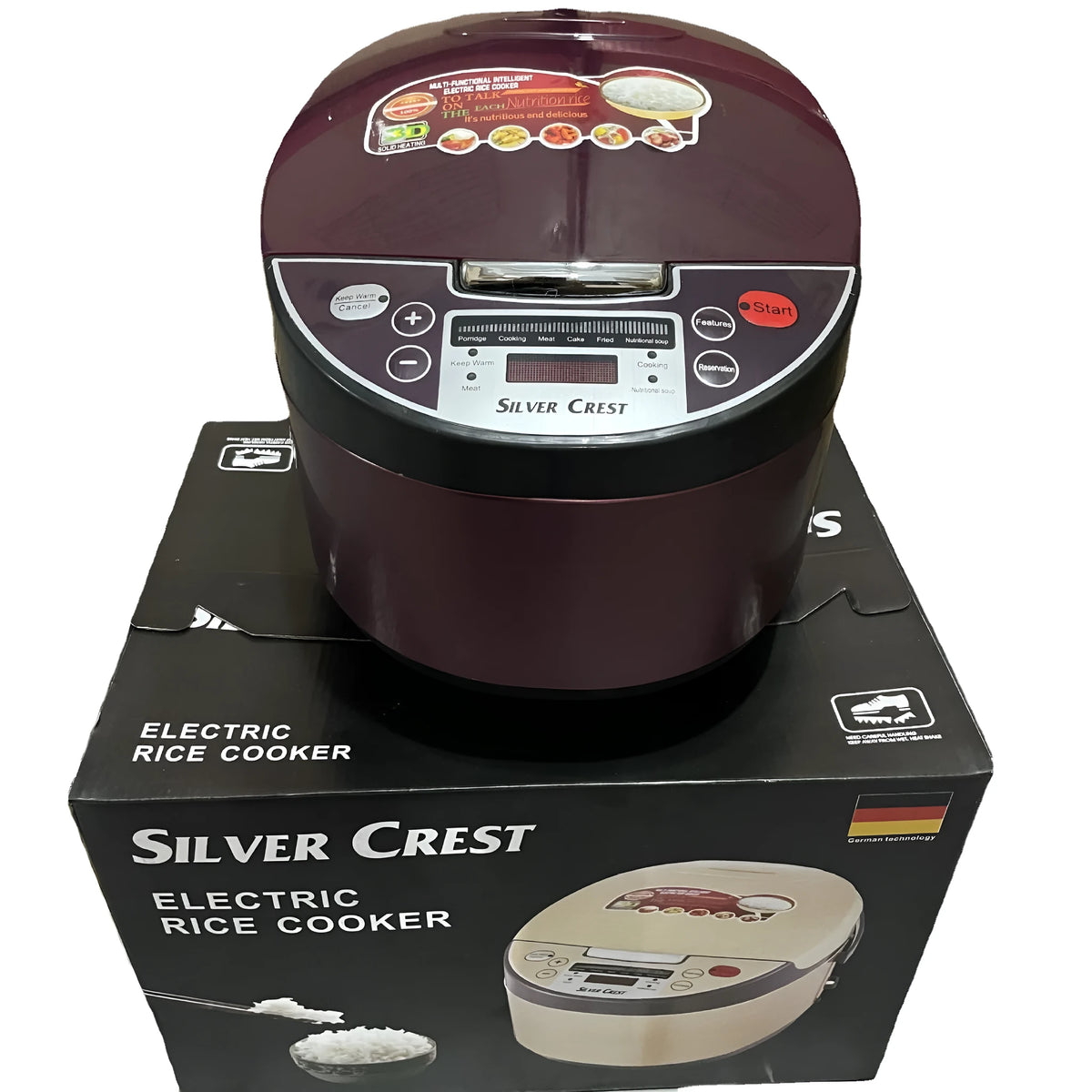5L smart rice cooker with stainless steel inner pot, LCD display, push-button control, gold or purple, EU plug