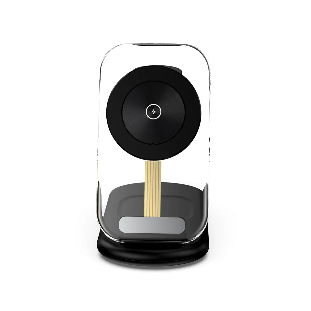 Transparent folding 3-in-1 magnetic wireless charger in black on a desk