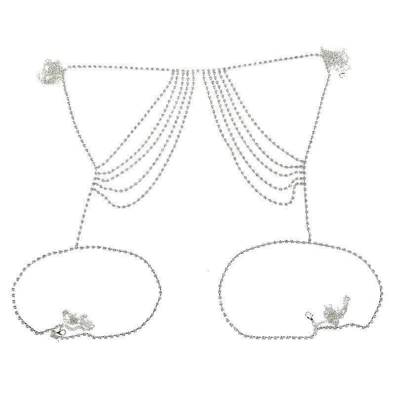 Multi-layer silver rhinestone waist chain for women, hip-hop style body jewellery