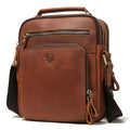 Men's brown genuine leather crossbody bag with sewing line detailing and single-shoulder strap
