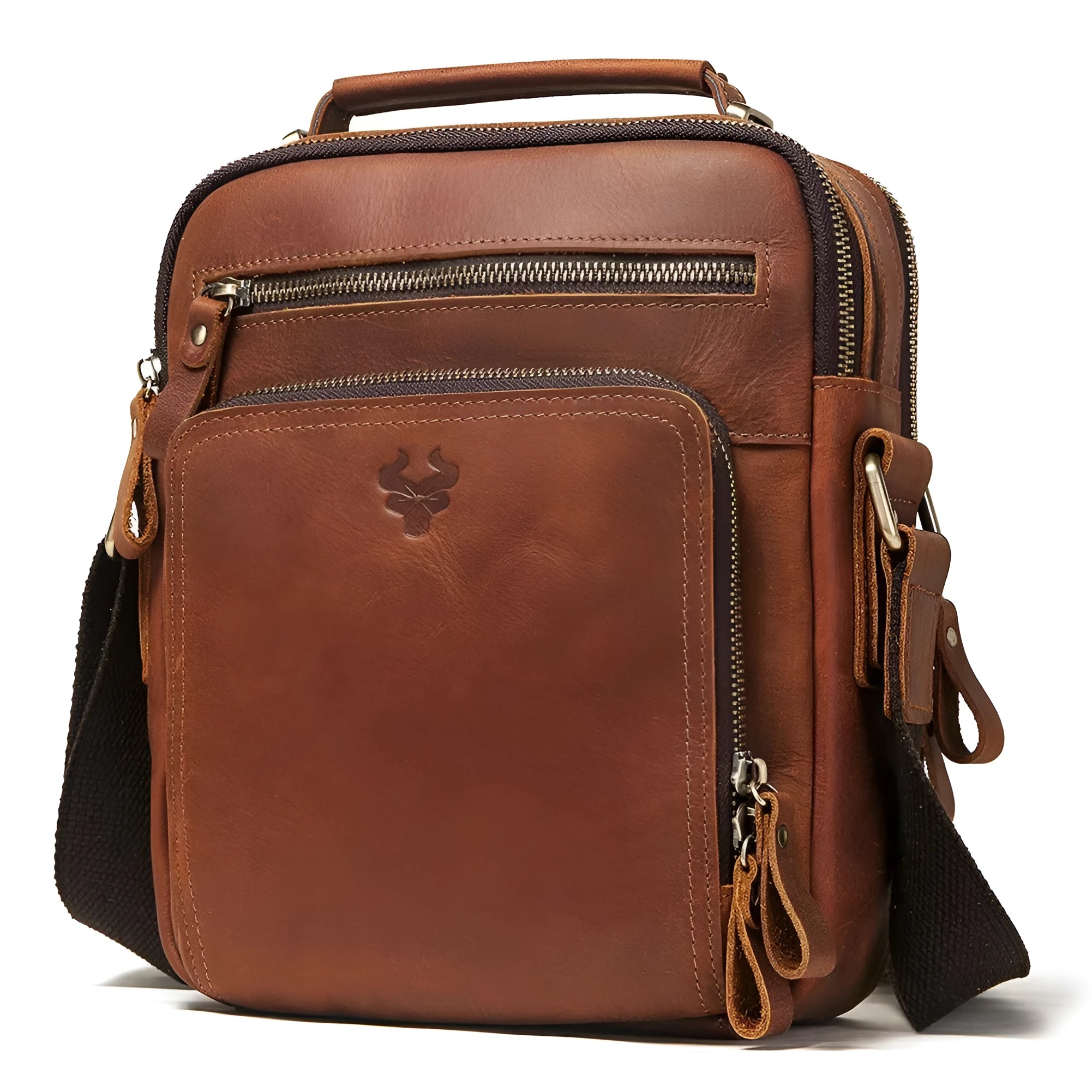 Men's brown genuine leather crossbody bag with sewing line detailing and single-shoulder strap
