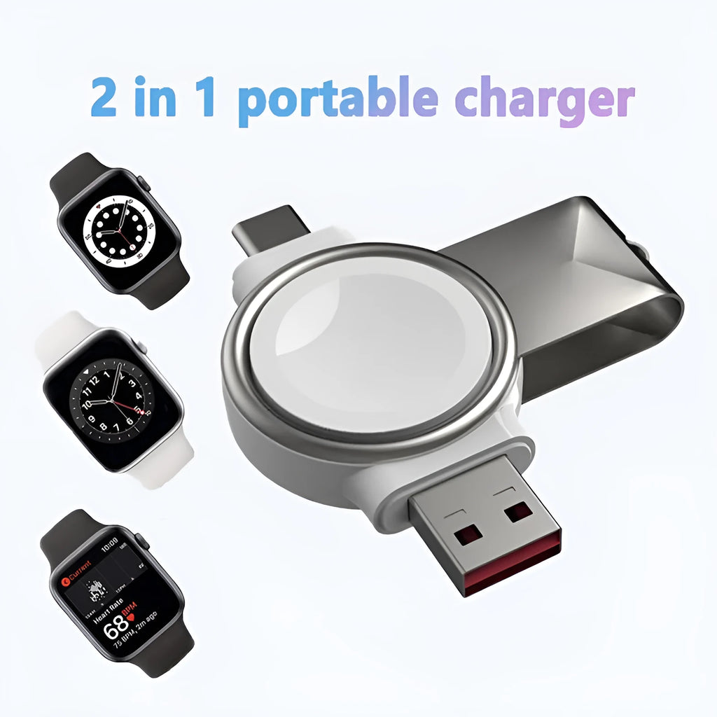 2-in-1 magnetic wireless charger for Apple Watch in white with USB and Type-C interfaces, compact and portable