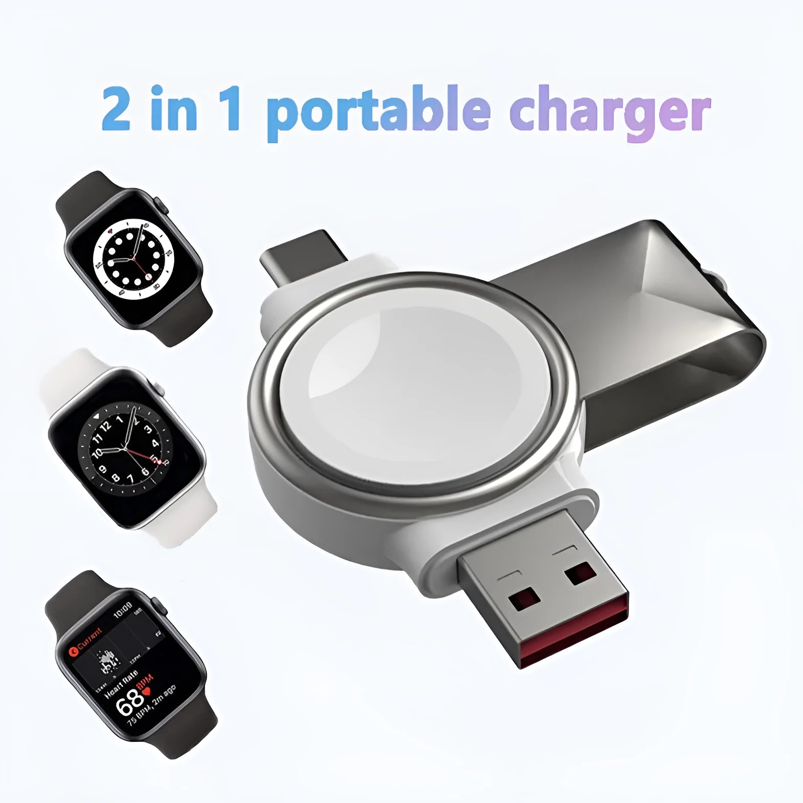 2-in-1 magnetic wireless charger for Apple Watch in white with USB and Type-C interfaces, compact and portable