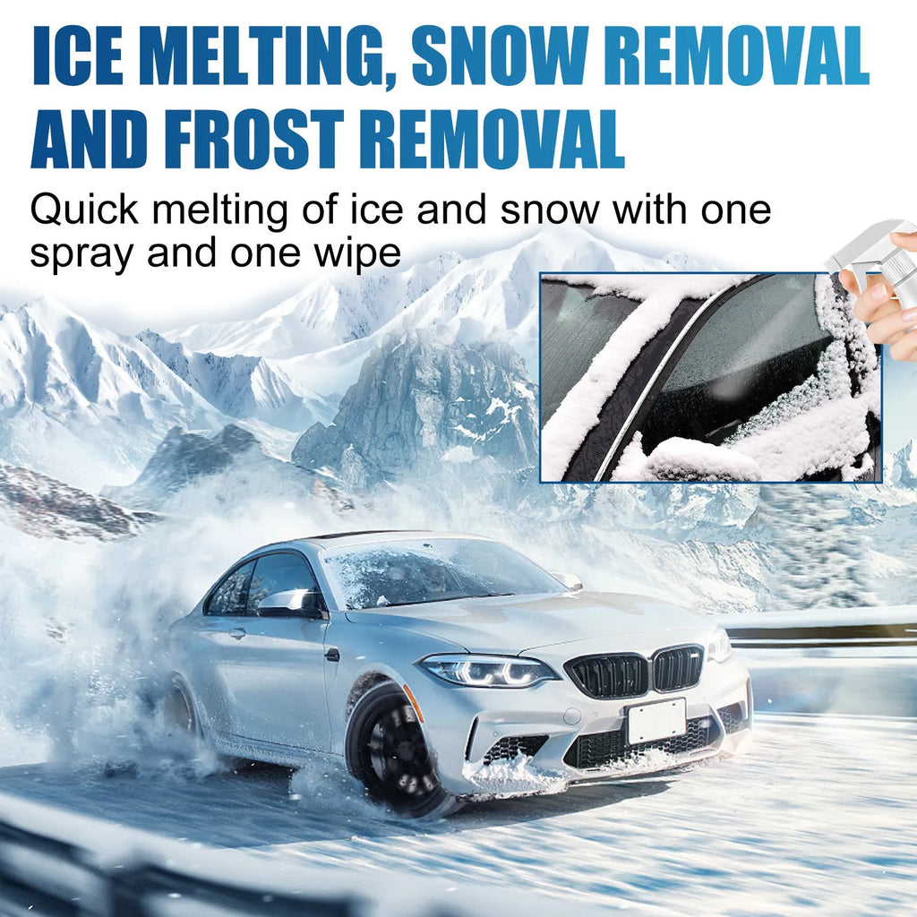 60ml winter car glass ice melting spray bottle and cloth scraper tool for de-icing windscreens.