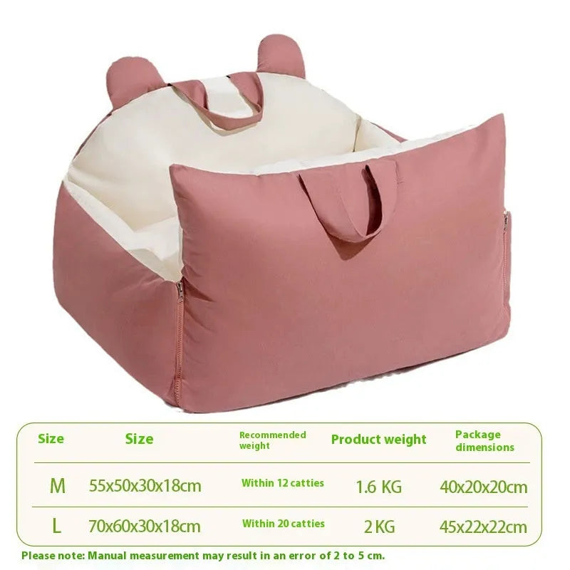 Four Seasons removable washable car kennel for dogs in beige colours, shown in M and L sizes.