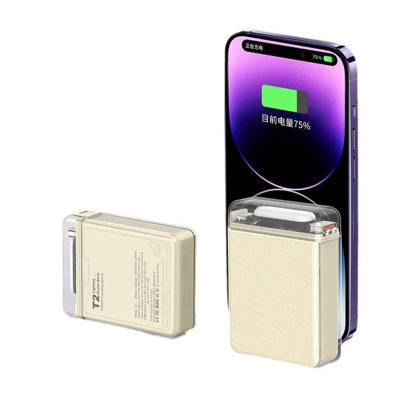 PD fast charging power bank with LED light, ABS PC shell, 90x62.5x24.5mm, in cream rice, night black or lemon yellow