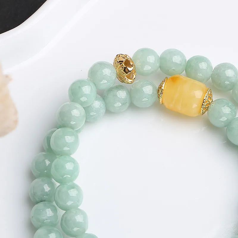 Double-layer jade and beeswax retro bracelet with geometric bead arrangement