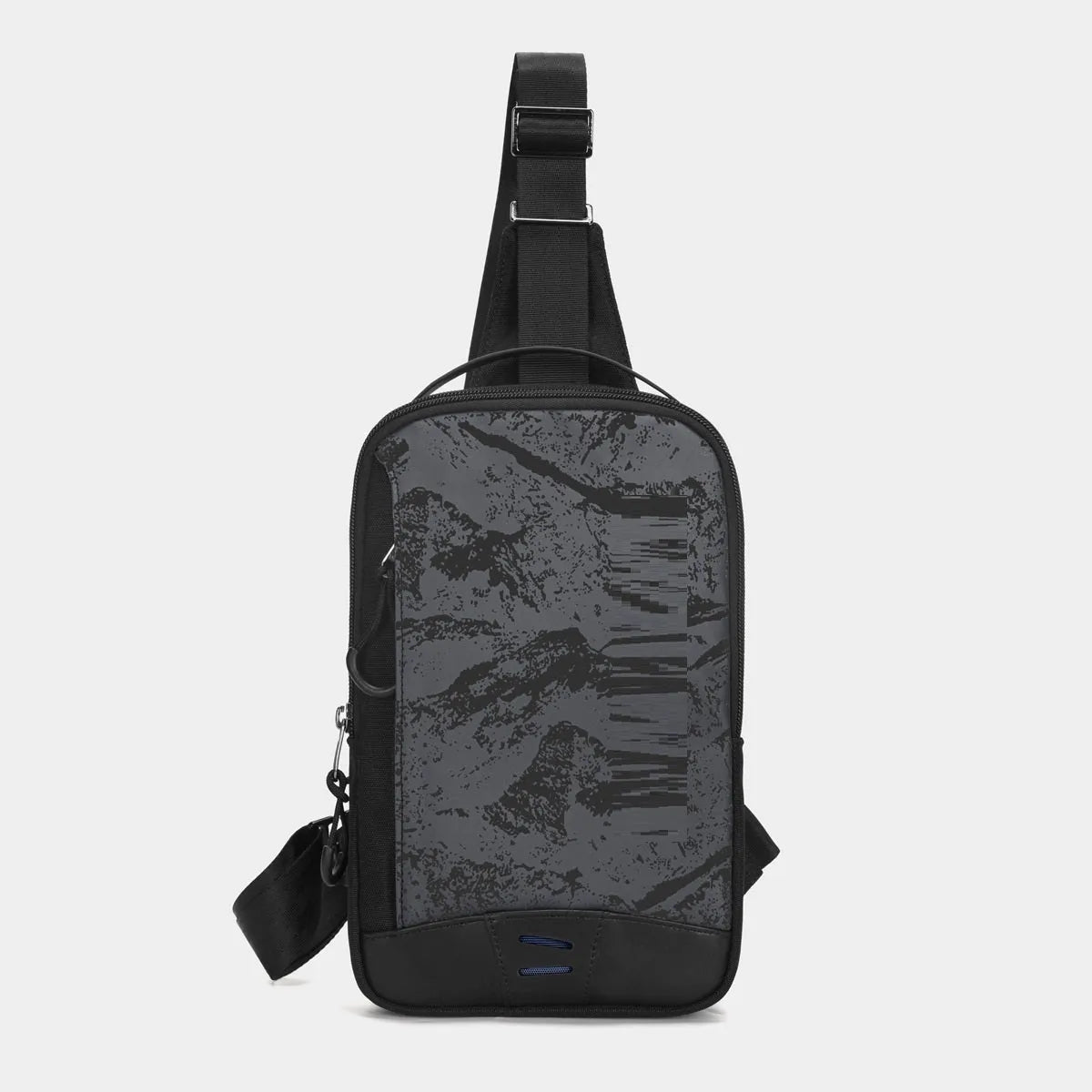 Casual black TPU camouflage chest bag with single shoulder strap and soft handle on a plain background.