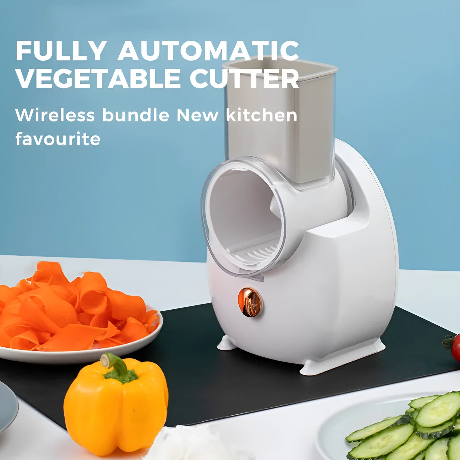 White electric vegetable slicer with rotary grater mechanism and suction base on kitchen counter