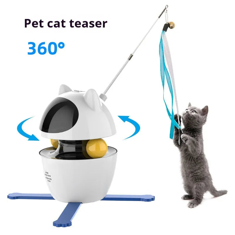 White automatic electronic cat toy with elastic rope extending from plastic base