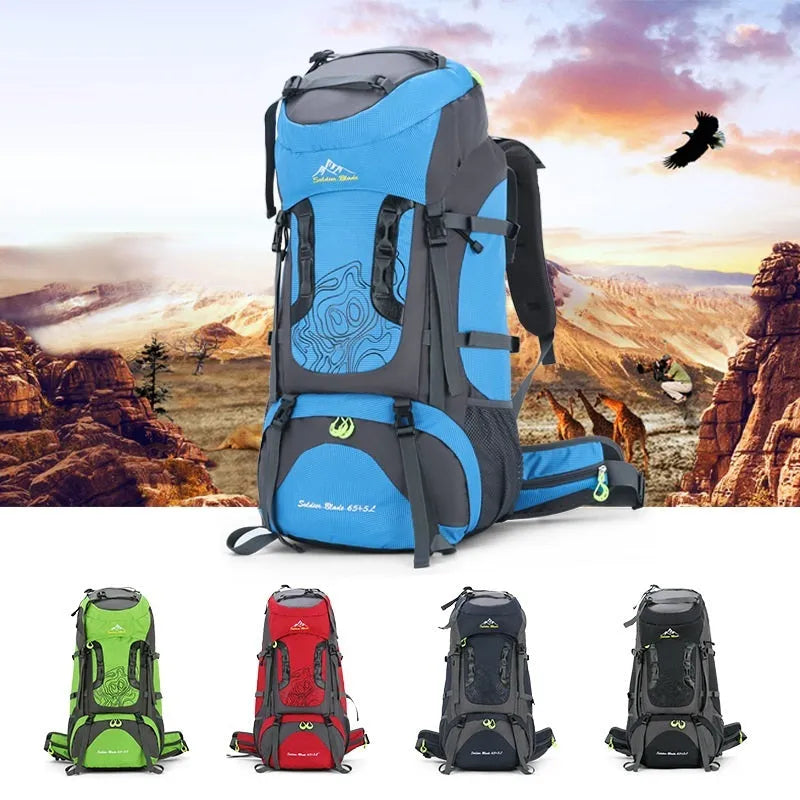 Waterproof polyester hiking backpack 56-75L in red, green, black, light blue or dark blue, 73 x 33 x 23cm, for outdoor sports