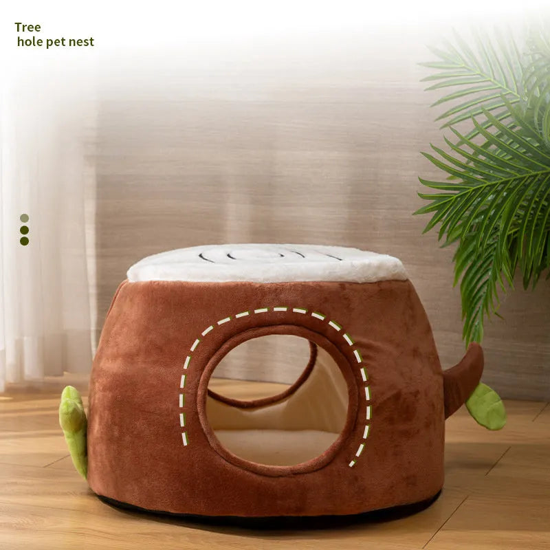Four Season Universal Relief Pet Cat Nest in tree stump style with door, made from artificial rattan
