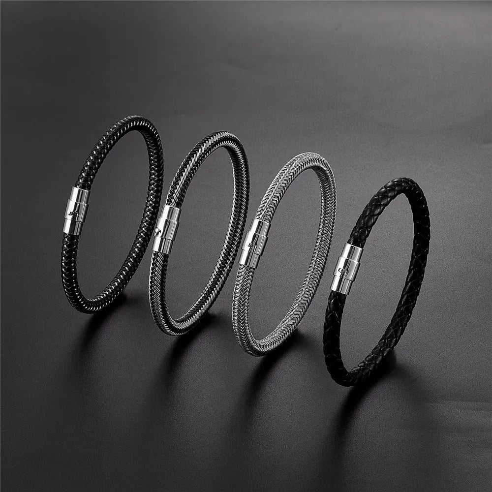 Men's titanium steel geometric wire bracelet with a magnetic clasp in black, shown on a wrist.