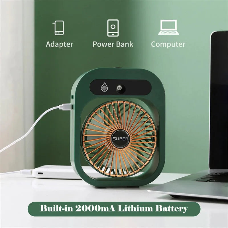 Green and white USB portable misting fan with humidifier function on desk
