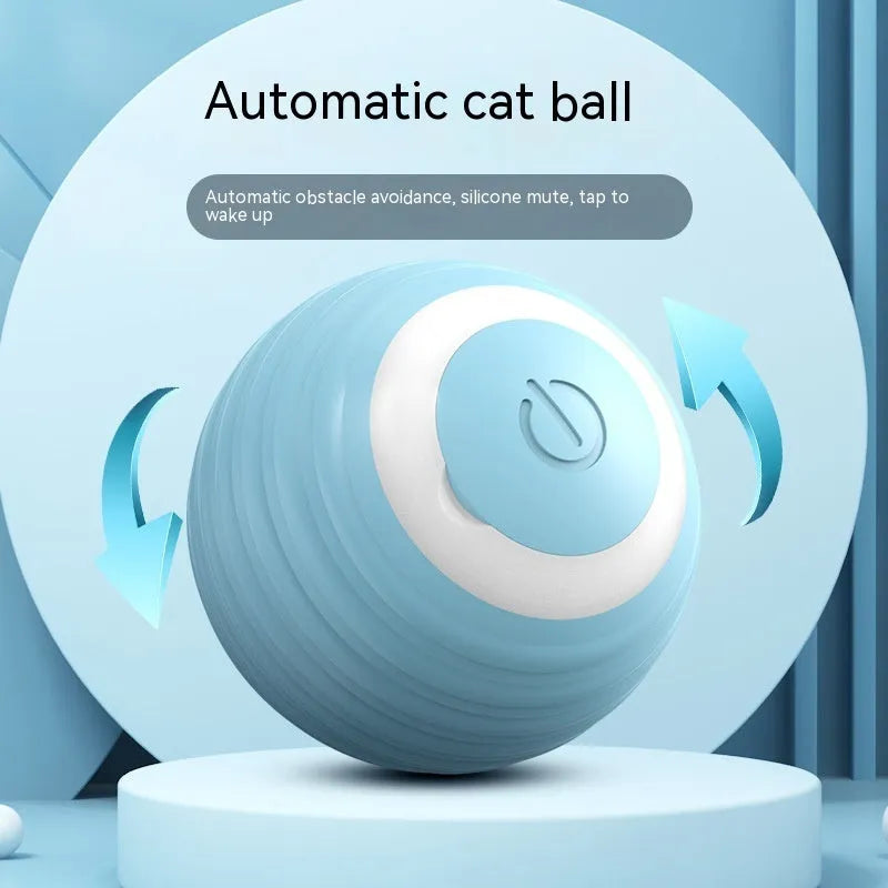 Blue rechargeable automatic moving cat toy ball on floor with charging cable