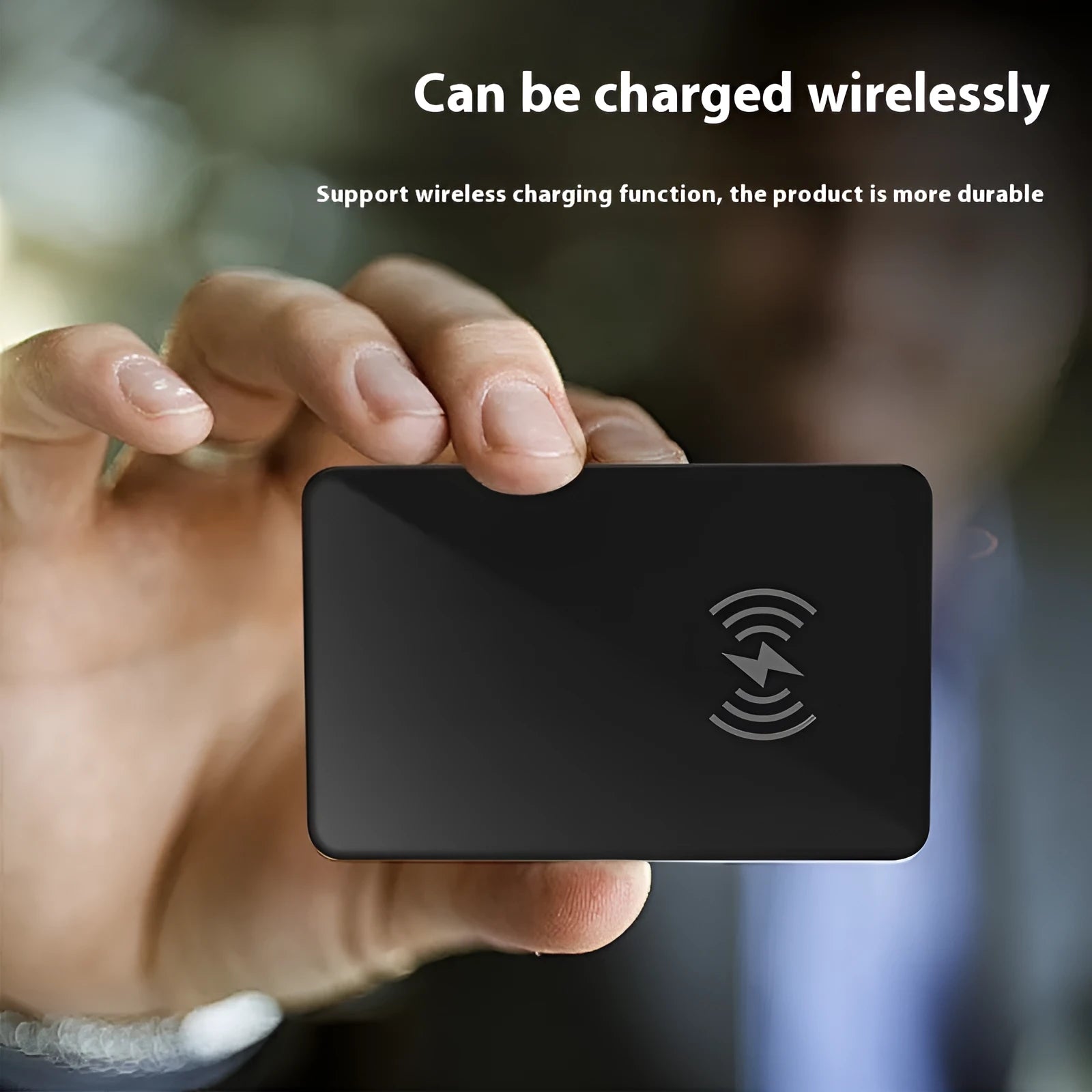 Black pet tracking card device with wireless charging NFC and hanging hole measuring 85mm