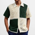 Beige colourblock men's knitted shirt with short sleeves on hanger