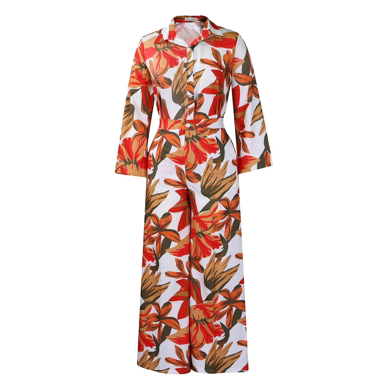Red women's polyester shirt and wide leg trousers suit set on hanger